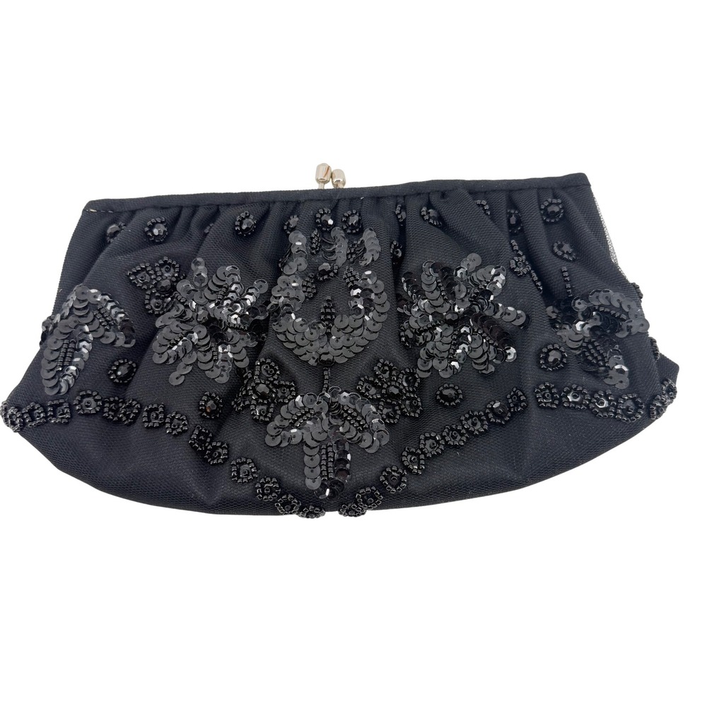 Franchi Women Black Beaded Sequin Floral Evening Clutch Bag Kiss Lock Rhinestone